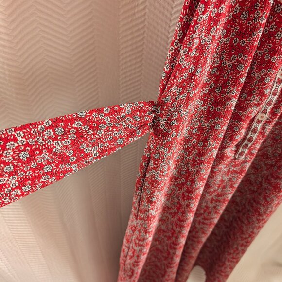 Max Studio Red Floral Tie Waist Midi Dress Side Slits XS/S Cottagecore Feminine - Picture 9 of 14